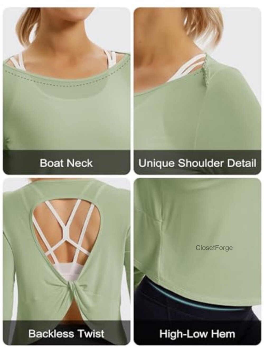 Open Back Crop Top Long Sleeve Boat Neck Yoga Shirt with Thumb Holes - Picture 2 of 6